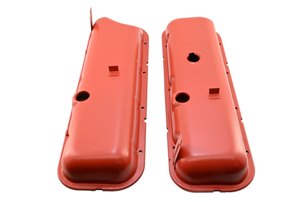 1965-72 CHEVY BIG BLOCK 396-427-454 SHORT OEM STYLE STEEL VALVE COVERS W- DRIPPER RAILS - ORANGE