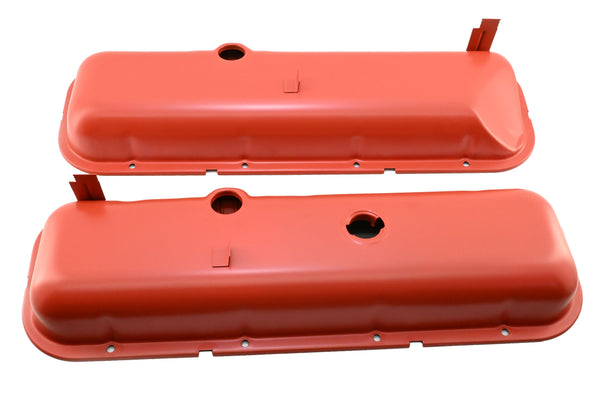 Steel OEM‑Style Short Valve Covers Fits 1965–1972 Big Block Chevy BBC 396‑427‑454 – Recessed Corner – 1–2 Holes – Orange (With Dripper Rails)