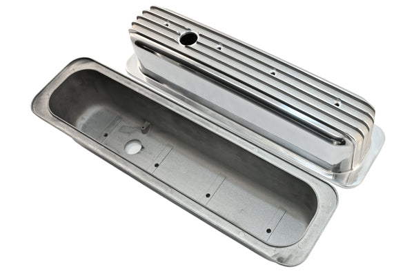 Aluminum 1987–97 Chevy Center Bolt Tall Valve Covers – Finned – Polished