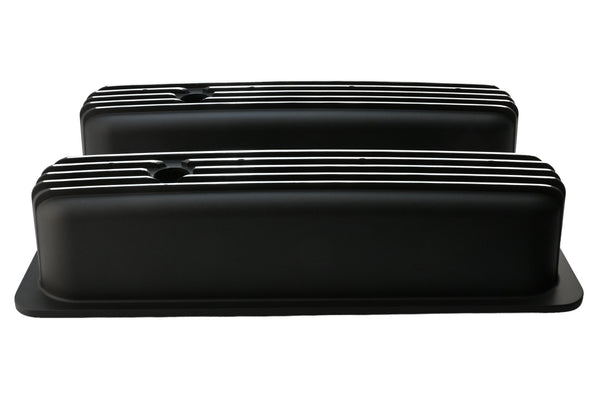 Aluminum 1987–97 Chevy Center Bolt Tall Valve Covers – Finned – Black