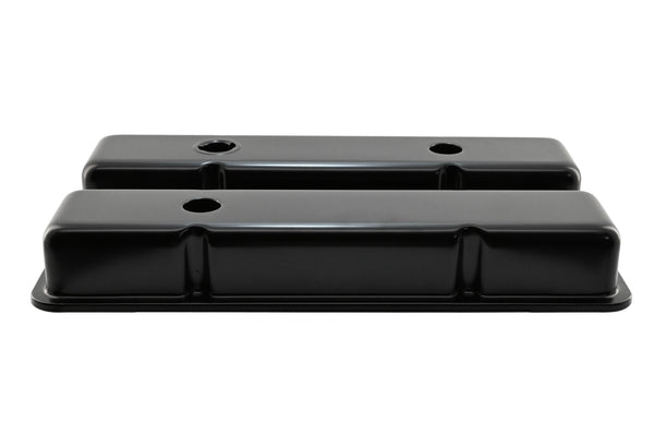 STEEL 1958-86 CHEVY SB 283-305-327-350-400 SHORT VALVE COVERS – 1 Hole / 2 Hole, Baffled-Black