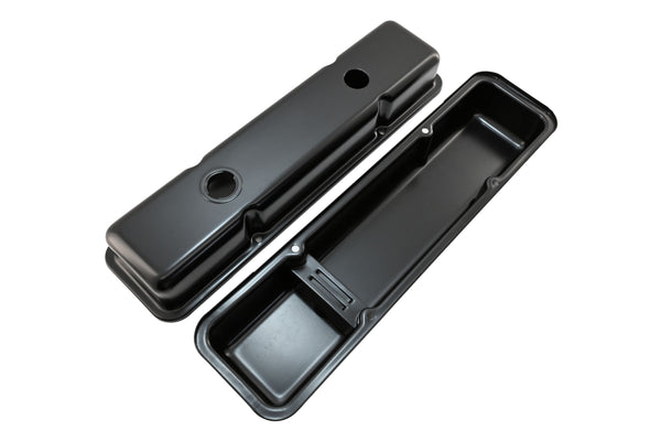STEEL 1958-86 CHEVY SB 283-305-327-350-400 SHORT VALVE COVERS – 1 Hole / 2 Hole, Baffled-Black