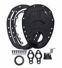 Steel Timing Chain Cover Set for Chevy Small Block 283–350 - 2-Piece SBC Timing Cover Kit - Black