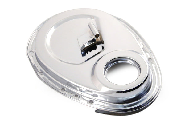 Steel 1955–95 Chevy SB 283–305–327–350–400 Timing Chain Cover with Timing Tab - Chrome