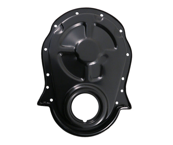 19Black Steel Timing Chain Cover Set with Timing Tab – Chevy Big Block 396–454 (1966–1990)66-90 CHEVY BIG BLOCK 396-402-427-454 STEEL TIMING CHAIN COVER SET W- TIMING TAB - BLACK