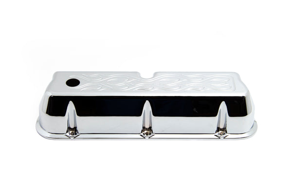 ALUMINUM 1962–85 FORD SB 289–302–351W 5.0 TALL VALVE COVERS – FLAMED DESIGN – CHROME
