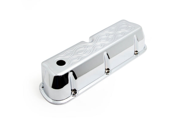 ALUMINUM 1962–85 FORD SB 289–302–351W 5.0 TALL VALVE COVERS – FLAMED DESIGN – CHROME