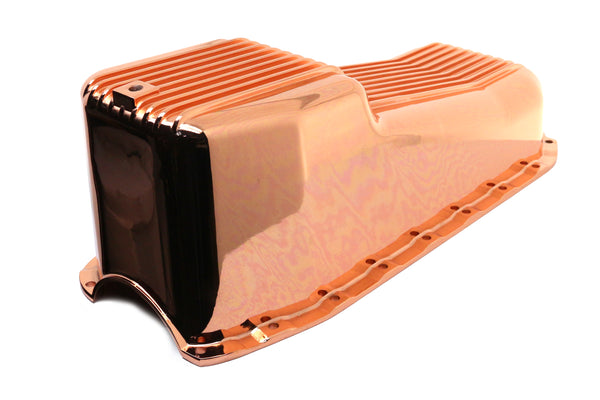 1980-85 CHEVY SMALL BLOCK 267-283-305-327-350 ALUMINUM STOCK CAPACITY OIL PAN - RETRO FINNED - COPPER