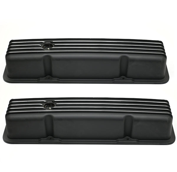ALUMINUM 1958–86 CHEVY SB 283–400 TALL VALVE COVERS – FULL FINNED – BLACK