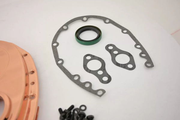 Aluminum 1955-95 Chevy SB 283-305-327-350-400 Timing Chain Cover Kit - Copper