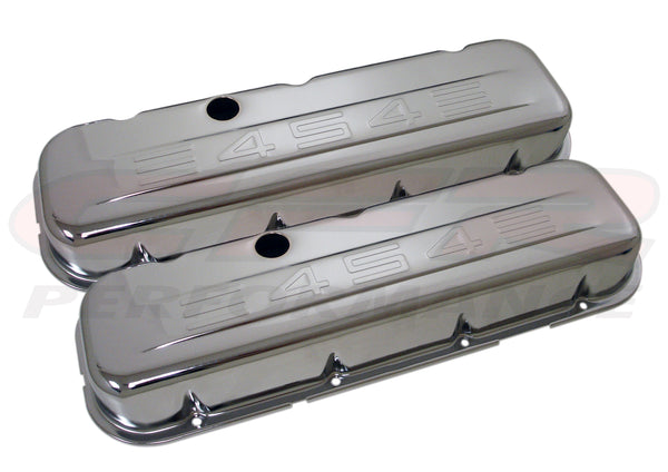 STEEL 1965-95 CHEVY BB 396-427-454-502 SHORT VALVE COVERS 454 LOGO - CHROME
